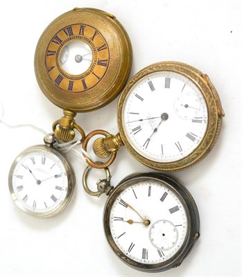 Lot 235 - Two plated pocket watches, open faced pocket watch with case stamped 935 and a silver fob watch (4)