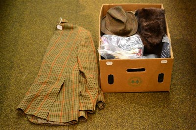 Lot 262 - Saxon Hawk gentleman's tweed sports jacket, tweed deerstalker, trilby hat, black shoe case and...