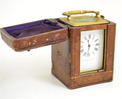 Lot 263 - French carriage clock retailed by Goldsmiths, London, with two train drum movement in a fitted...