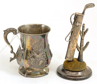 Lot 271 - Silver pin cushion in the form of a golf bag and a Victorian silver mug