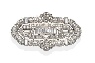 Lot 178 - A Diamond Plaque Brooch, seven baguette cut diamonds channel set centrally, pavé set with...