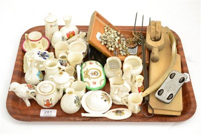 Lot 281 - A quantity of crested china, a brooch stamped '9CT', stamps, etc