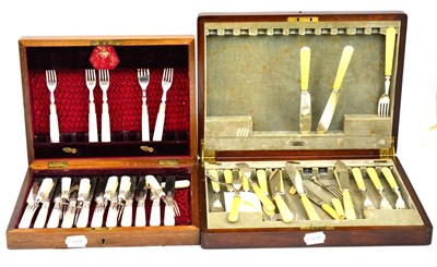 Lot 282 - Mother-of-pearl fruit knives and forks, cased, set of cased silver knives and forks (2)