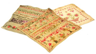 Lot 283 - A 19th century unframed sampler worked by Elizabeth Connington aged 7; another with verse; and...