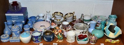 Lot 291 - Wedgwood Jasperware, 1911 mug, Poole pottery, glass and decorative ceramics (on two shelves)