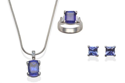 Lot 187 - A Suite of Tanzanite Set Jewellery, including a tanzanite and diamond ring, with an emerald-cut...