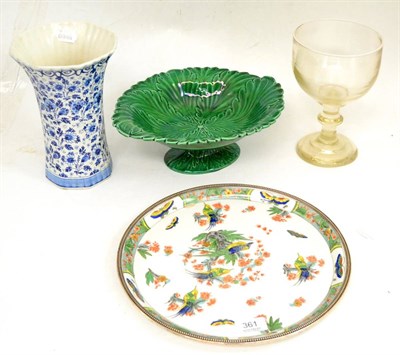 Lot 361 - Limoges porcelain tray with silver rim, Continental large glass goblet, Delft vase and green...