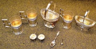 Lot 370 - German 800 silver comprising two sugar baskets, three tea glass holders, a pair of salts (with...