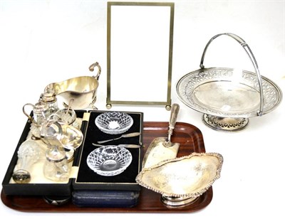 Lot 379 - A quantity of silver plated items, cased glass dishes with silver spoons, silver mounted glass jug