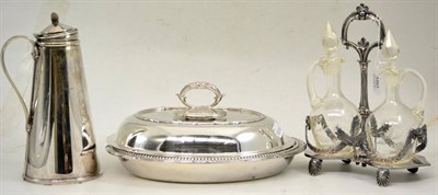 Lot 380 - Two plated oval entree dishes, plated jug and a pair of oil and vinegar bottles on stand