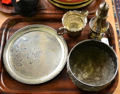 Lot 400 - Silver card tray with inscription, small silver jug, sugar caster and eastern embossed bowl