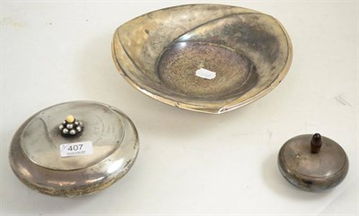 Lot 407 - A Danish silver bowl and cover with a silver and ivory knop, with presentation inscription, a...