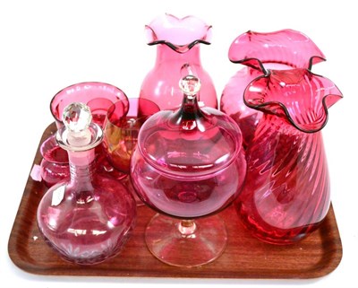 Lot 410 - A tray of cranberry glass including a jug, vases etc