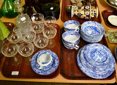 Lot 412 - Spode Italian pattern tea/dinner wares, silver collared decanter, nine champagne glasses and...