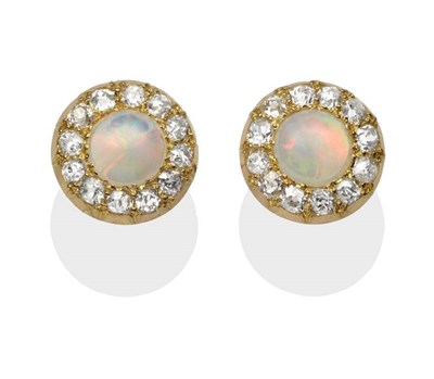 Lot 198 - A Pair of Opal and Diamond Cluster Stud Earrings, a round cabochon opal within a border of old...