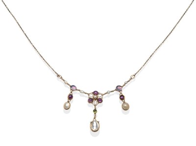 Lot 199 - An Amethyst, Moonstone, Peridot and Pearl Necklace, by The Artificer's Guild, a central cluster...