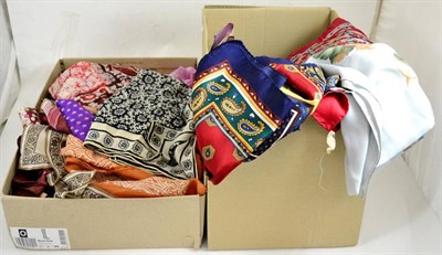 Lot 448 - Assorted silk and other scarves including Jacqmar, Richard Allen, etc (two boxes), handbag, gloves