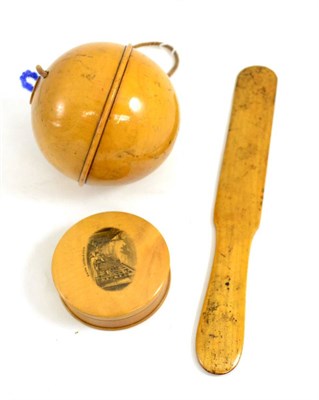 Lot 464 - Three items of Mauchlineware comprising string holder, paper knife and circular box and cover