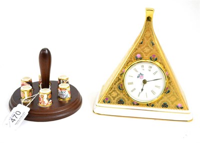 Lot 470 - Royal Crown Derby thimble stand with six Imari decorated thimbles (and boxes) and a Bilston &...