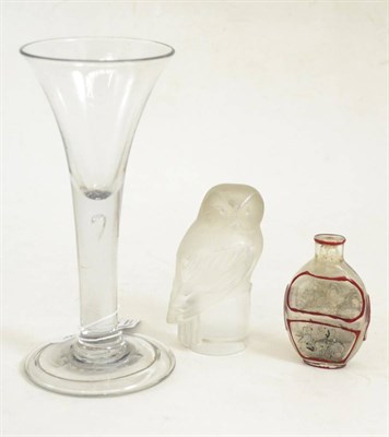 Lot 487 - Lalique glass model of an owl, an ale glass and a glass scent bottle with internal painted...