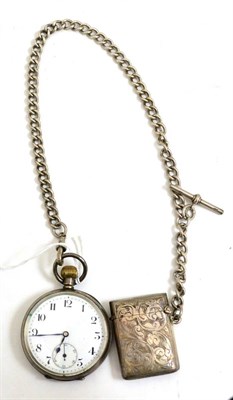 Lot 501 - An open-faced pocket watch, case stamped '925', with attached silver chain and a silver vesta