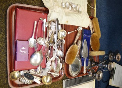 Lot 506 - Late Victorian embossed silver hand mirror, three cherub head brushes, two silver handled...