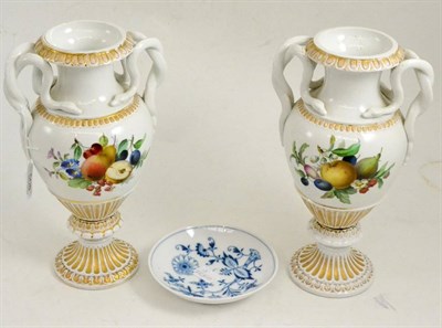 Lot 508 - Pair of Meissen twin handled pedestal vases with floral decoration and a Meissen onion pattern dish