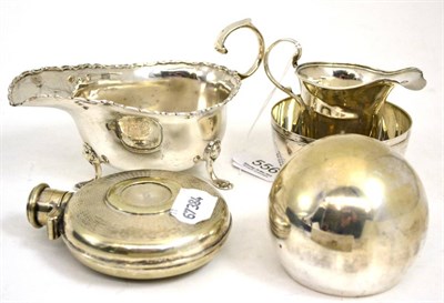 Lot 556 - Silver milk jug, small cream jug, round lighter, sugar bowl and a hip flask (5)