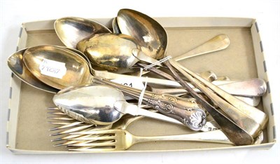 Lot 561 - Silver serving spoon, Georgian and other silver tablespoons, forks, etc