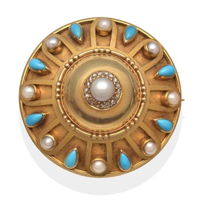 Lot 215 - A Fine Victorian Pearl, Diamond and Turquoise Brooch, the domed top inset with a split pearl within