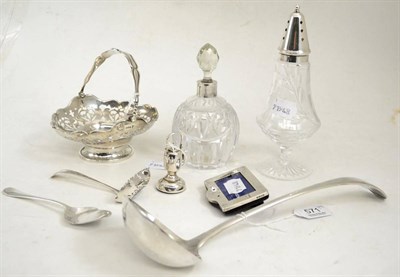 Lot 571 - Walker & Hall silver swing handled basket, silver sifter spoon, silver collared cut glass scent...