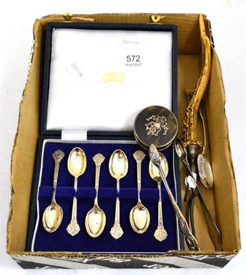 Lot 572 - Cased set of six silver teaspoons, silver and tortoiseshell box, silver sugar tongs, carving...