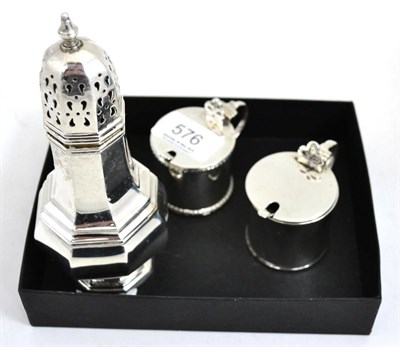 Lot 576 - Silver caster and two drum mustards and spoons