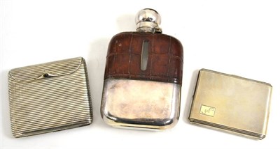 Lot 579 - Silver cigarette case, another initialled CEB and a plated hip flask with leather mount (3)