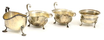 Lot 581 - A pair of silver sauce boats, Birmingham 1938, another and a sugar bowl (4)