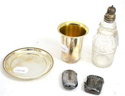 Lot 582 - Modern silver beaker and similar small dish, Georgian cut glass caster with silver top and two...