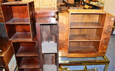 Lot 1011 - Art Deco walnut open bookcase, two other bookcases, dressing table, toilet mirror, two door...