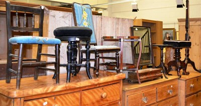 Lot 1026 - Oak corner cupboard, stool, standard lamp, toilet mirror, two child's chairs, wine table etc