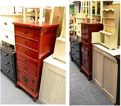 Lot 1042 - Modern Chinese red lacquered chest of drawers, a white painted two-door cupboard, painted pine...