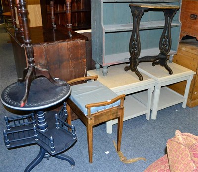 Lot 1050 - Pair of two tier occasional tables with stone tops, blue painted occasional table, wine table...