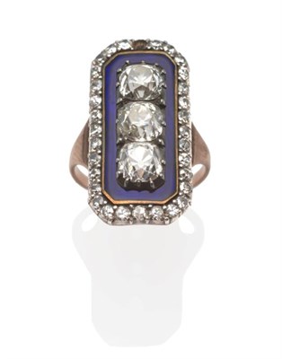 Lot 226 - A Georgian Diamond and Blue Enamel Ring, three old cut diamonds in white collet and claw...