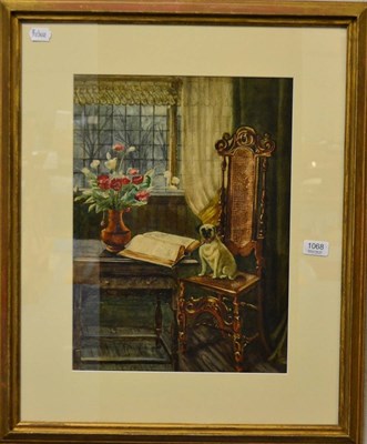 Lot 1068 - Gilt framed watercolour of a seated pug by a vase of flowers, after Heinrich Hubmer