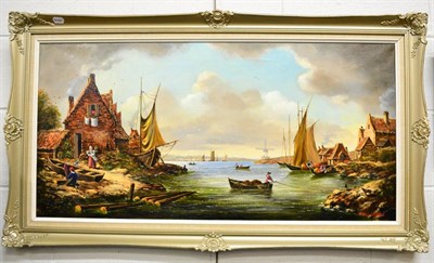 Lot 1071 - Framed oil on canvas, fisherman and villagers, signed Duran Faine; a small oil on canvas, a country