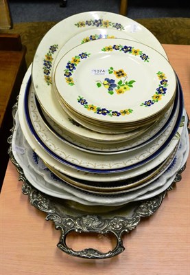 Lot 1074 - Large plated tray, Victorian pottery meat dishes, etc