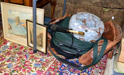 Lot 1076 - Light fitment, York engraving, watercolour by Margaret Walker, gold plated capped parasol, bags and