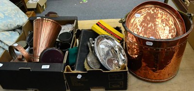 Lot 1116 - Assorted pewter tankards, plated wares, silver plated flatware, silver mounted brushes, copper...