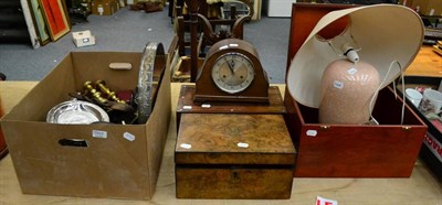 Lot 1117 - A quantity of electroplated flatware, brass candlesticks, mantel clock, two writing slopes,...