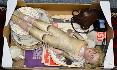 Lot 1128 - German bisque head doll, plates, newspapers, Whieldon ware vase etc