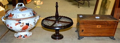 Lot 1131 - George III rosewood tea caddy, pedestal table stand with crochet insert, soup tureen and cover (3)