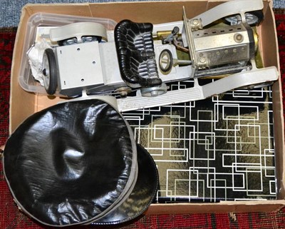 Lot 1133 - Mamod car and engine, various railway related items and cameras (in two boxes)